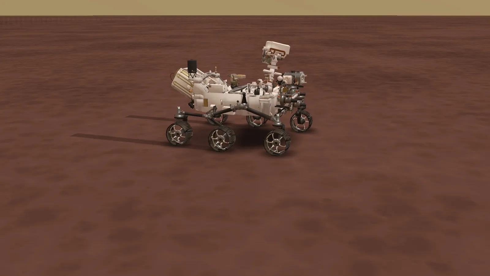 Perseverance five minutes into its first drive on Mars, its wheel tracks behind it
