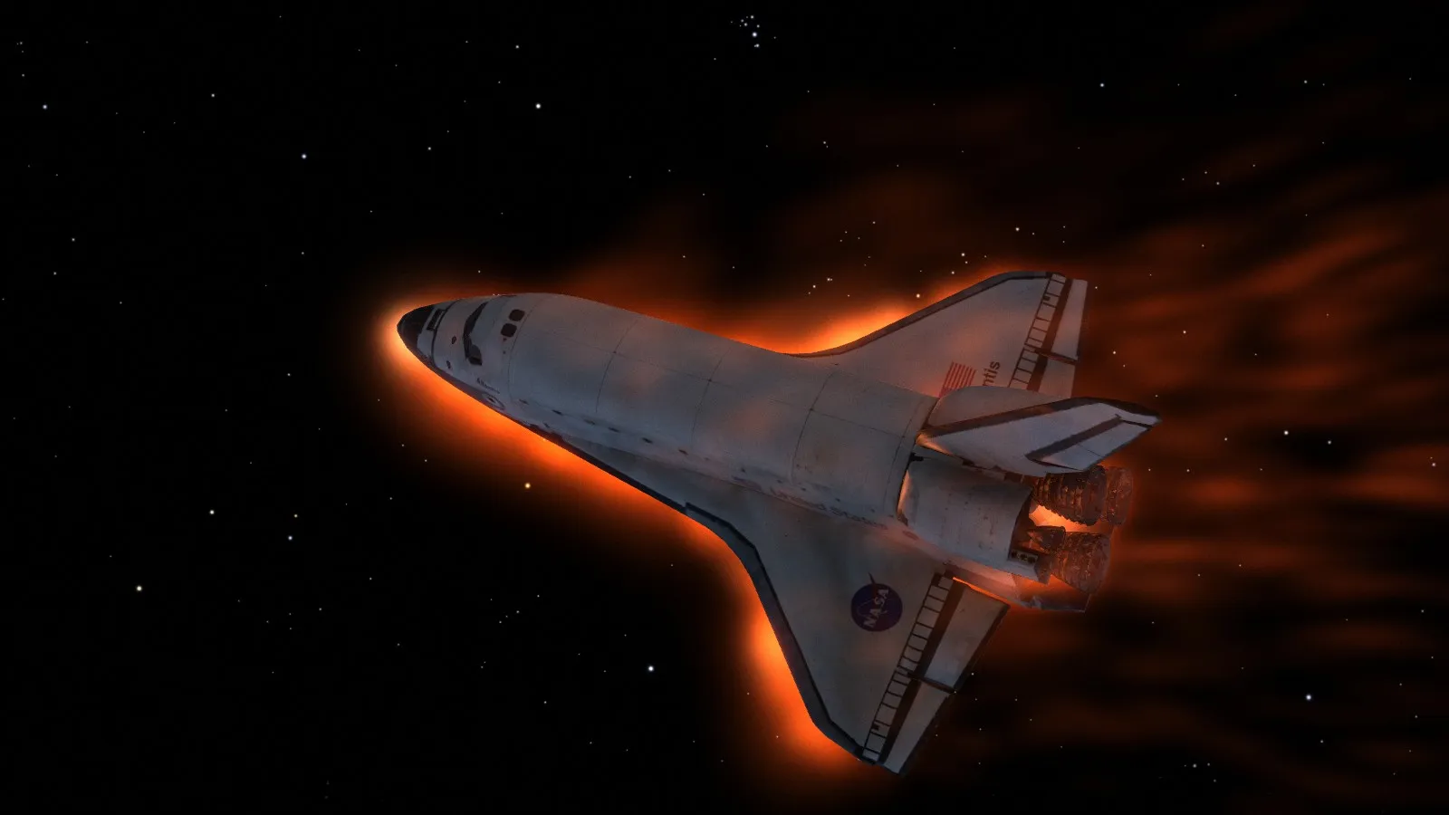 STS-135 eleven minutes into entry: the shock layer under the belly glows and spills around the nose and wings, and hot gas streams back behind the orbiter