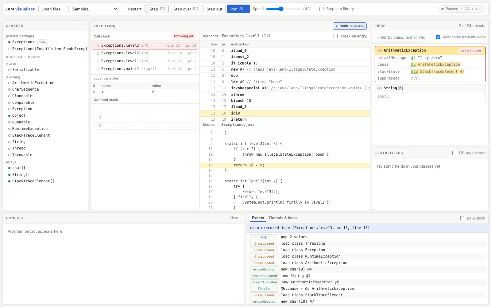 An exception unwinding the call stack: the throwing frame is outlined and the exception object is pinned in the heap