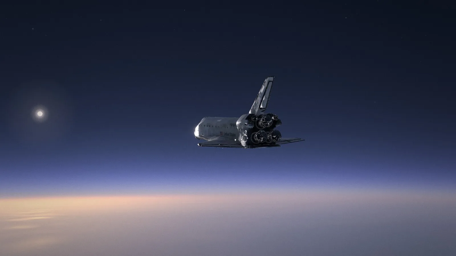 STS-31 near the end of entry: Discovery glides 25 km up in the blue air under a low Sun, the horizon glowing below it