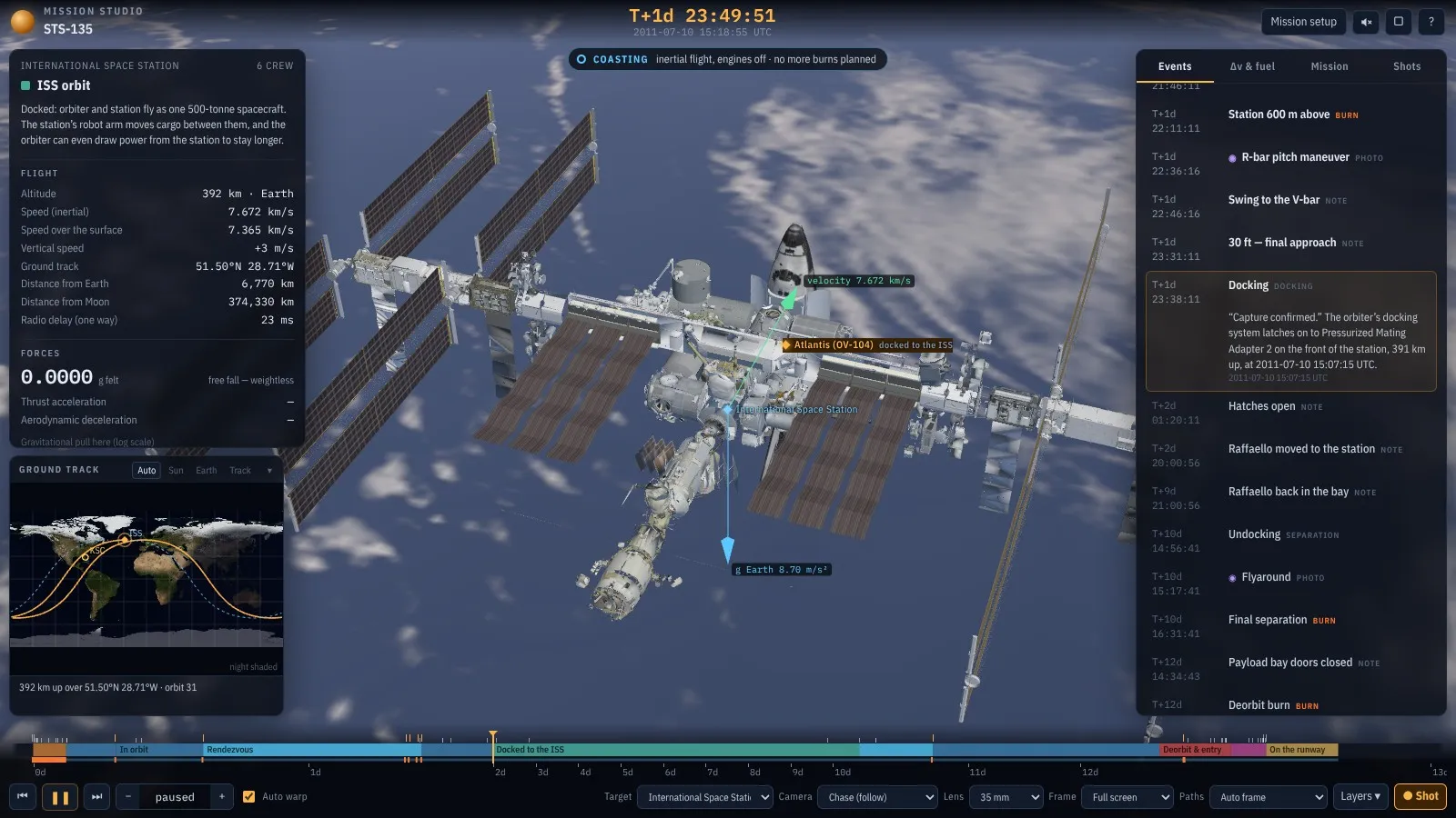 STS-135: Atlantis docked to the International Space Station over the North Atlantic, with the ground track on the world map at the bottom left