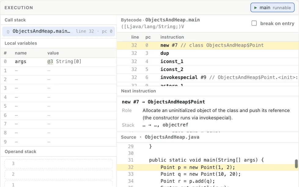 Stepping into Point’s constructor one instruction at a time: with every step the highlighted instruction moves, the locals and the operand stack change, and the next-instruction box explains what runs next