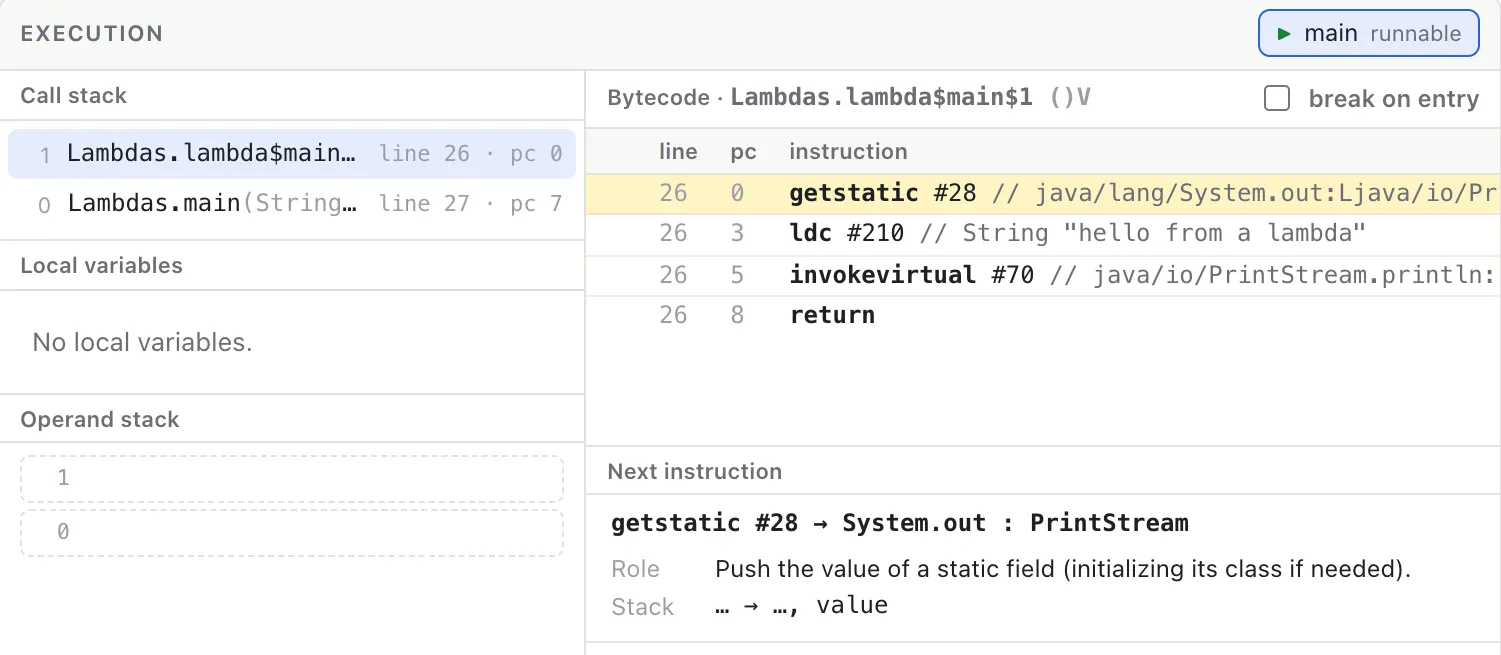 The Lambdas sample paused inside lambda$main$1: its frame is on top of Lambdas.main in the call stack