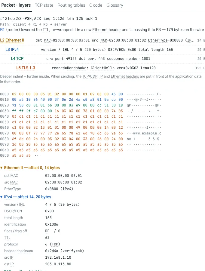 A TLS 1.3 ClientHello leaving R1: four layers are wrapped around the TLS record, and in the bytes you can read www.example.com, the name the client wants to reach