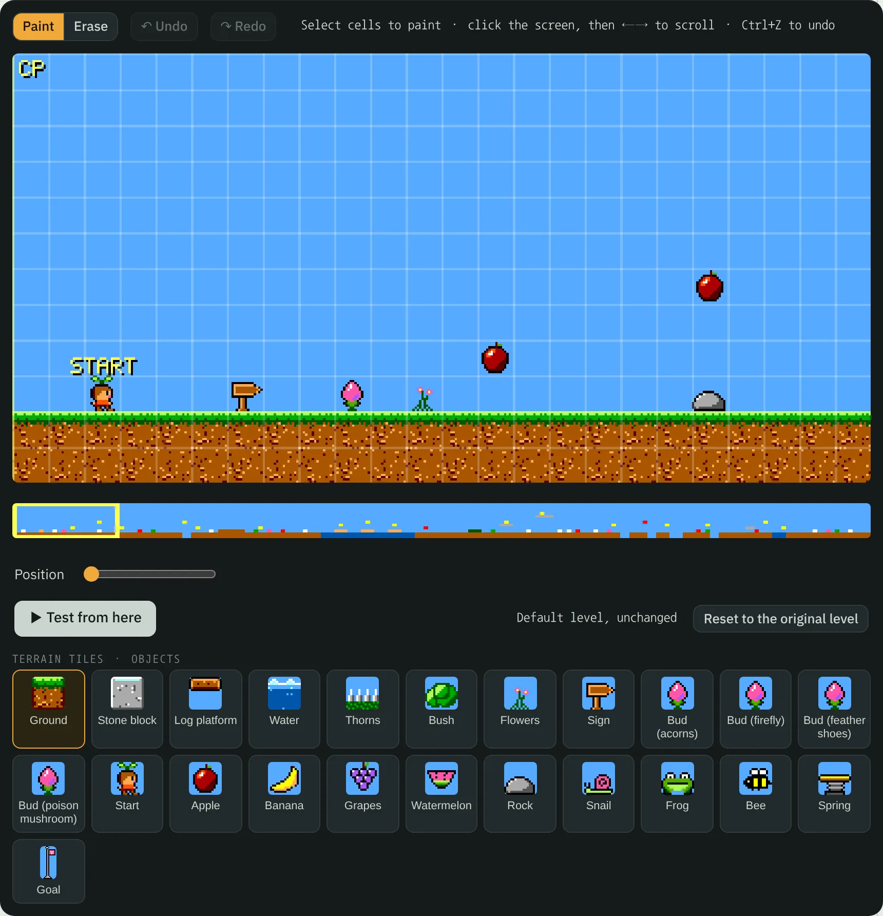 The level editor showing the first screen of the island: the tiles and objects you can place, a minimap of the whole level, and a button that starts the game from the current position