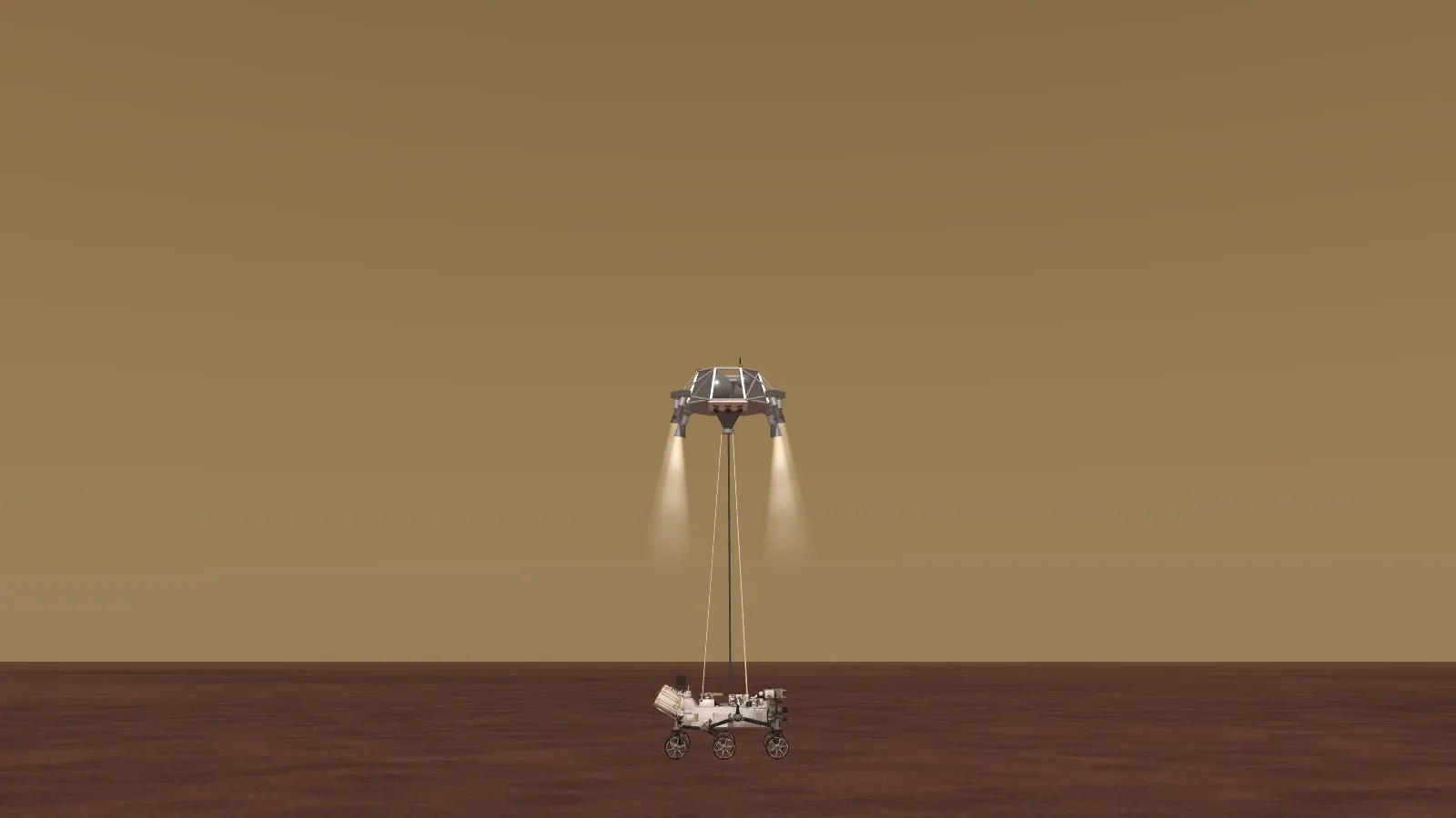Mars 2020 over Jezero Crater, eight seconds before touchdown: under the butterscotch sky, the sky crane lowers Perseverance on its bridles