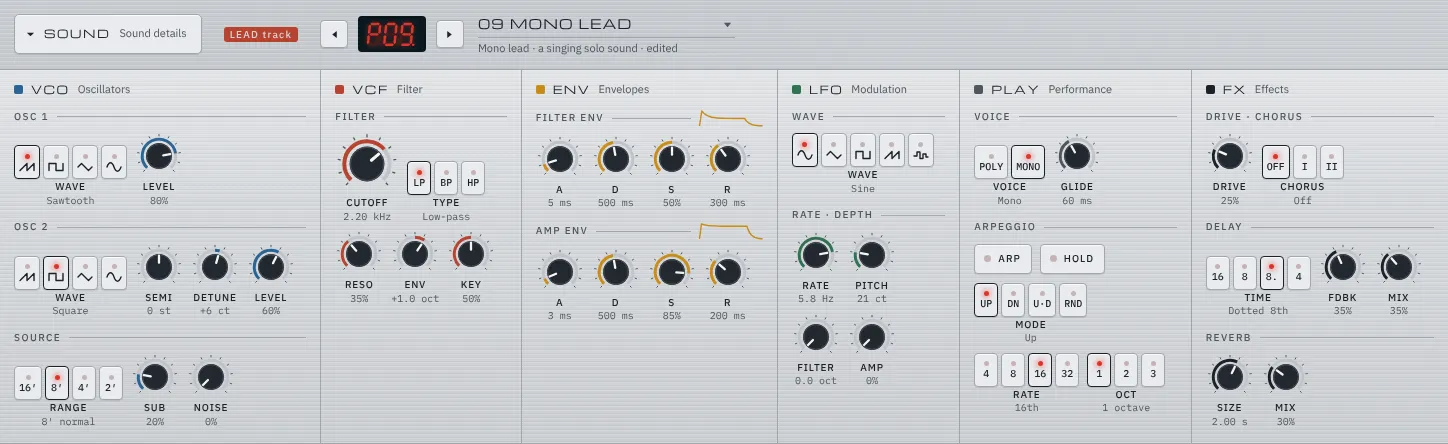 The sound panel opened: knobs and switches in six sections for the oscillators, filter, envelopes, LFO, performance, and effects, with curves in the envelope section drawn from the current values