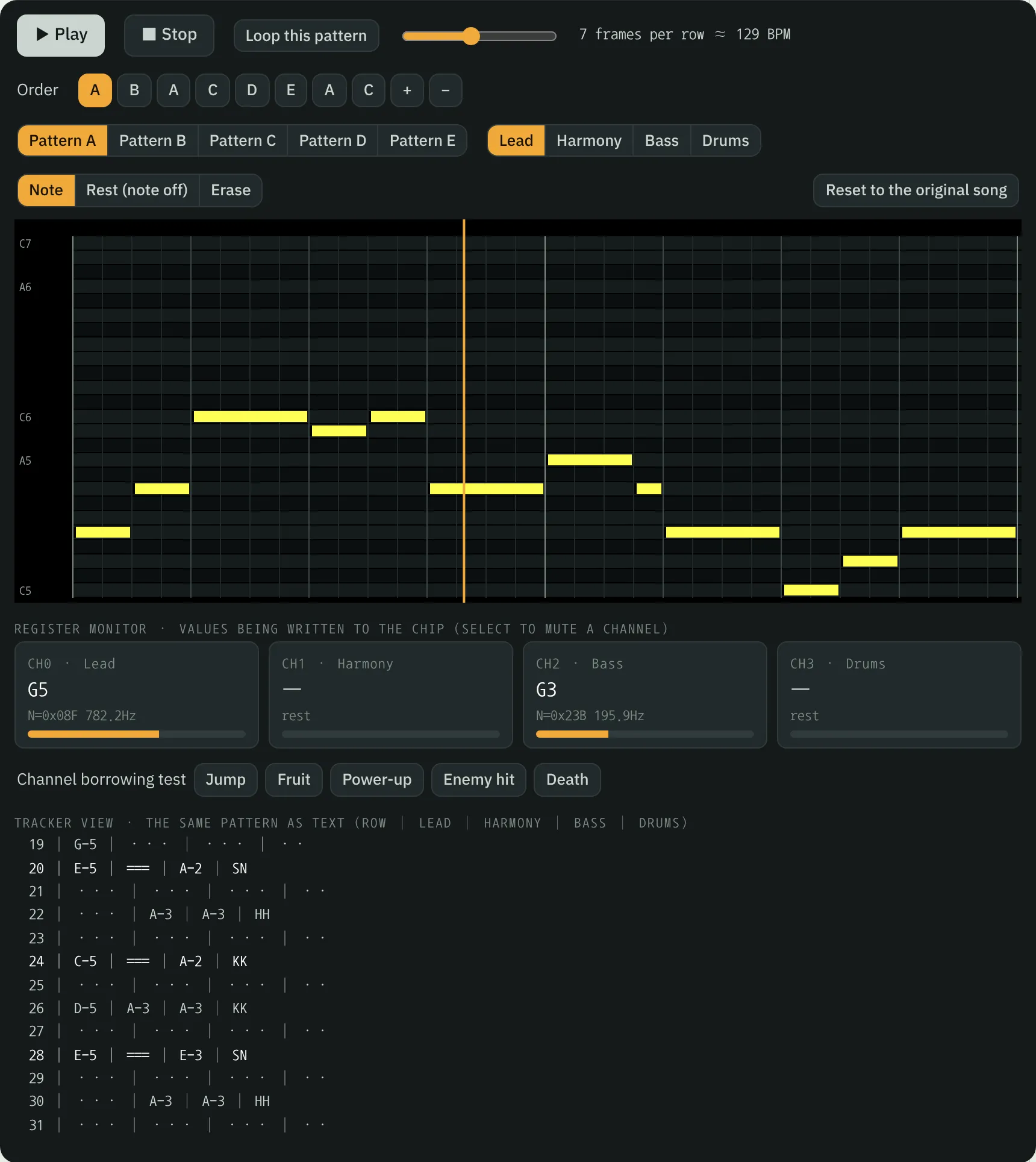 The tracker playing the background music: a piano roll of the lead channel, the values written to the sound chip for each of its four channels, and the same pattern as rows of text